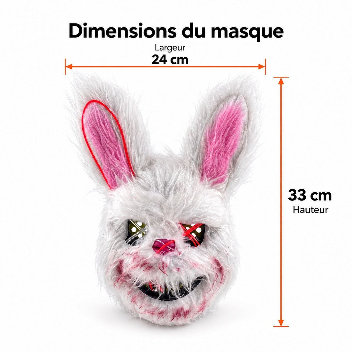 Dimensions du masque lapin LED : largeur 24 cm, hauteur 33 cm.