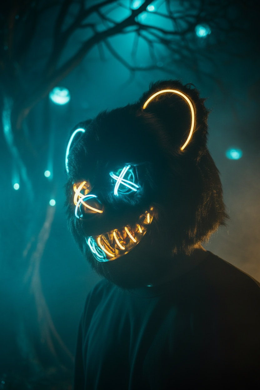 HauntMask – Neon Bear LED Mask Cyan & Gold – Image 2