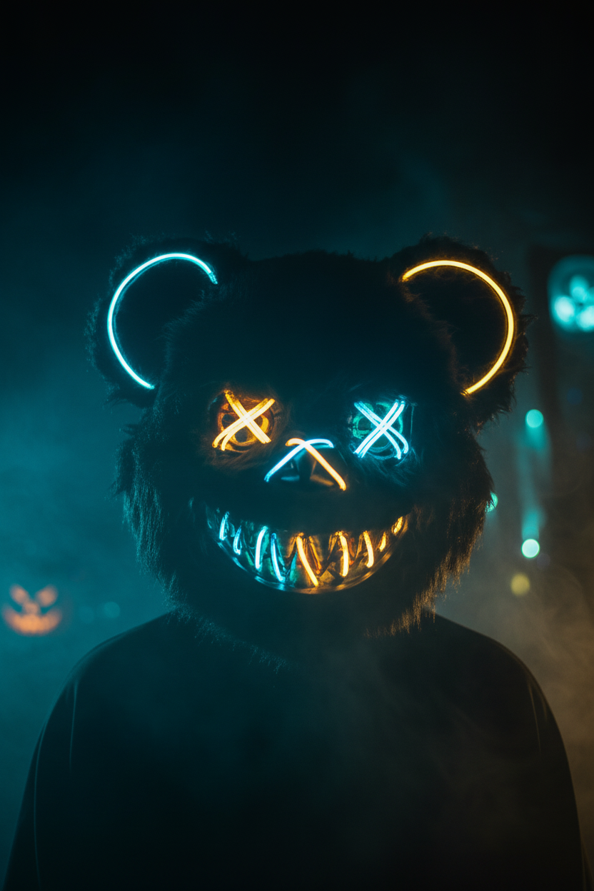 HauntMask – Neon Bear LED Mask Cyan & Gold