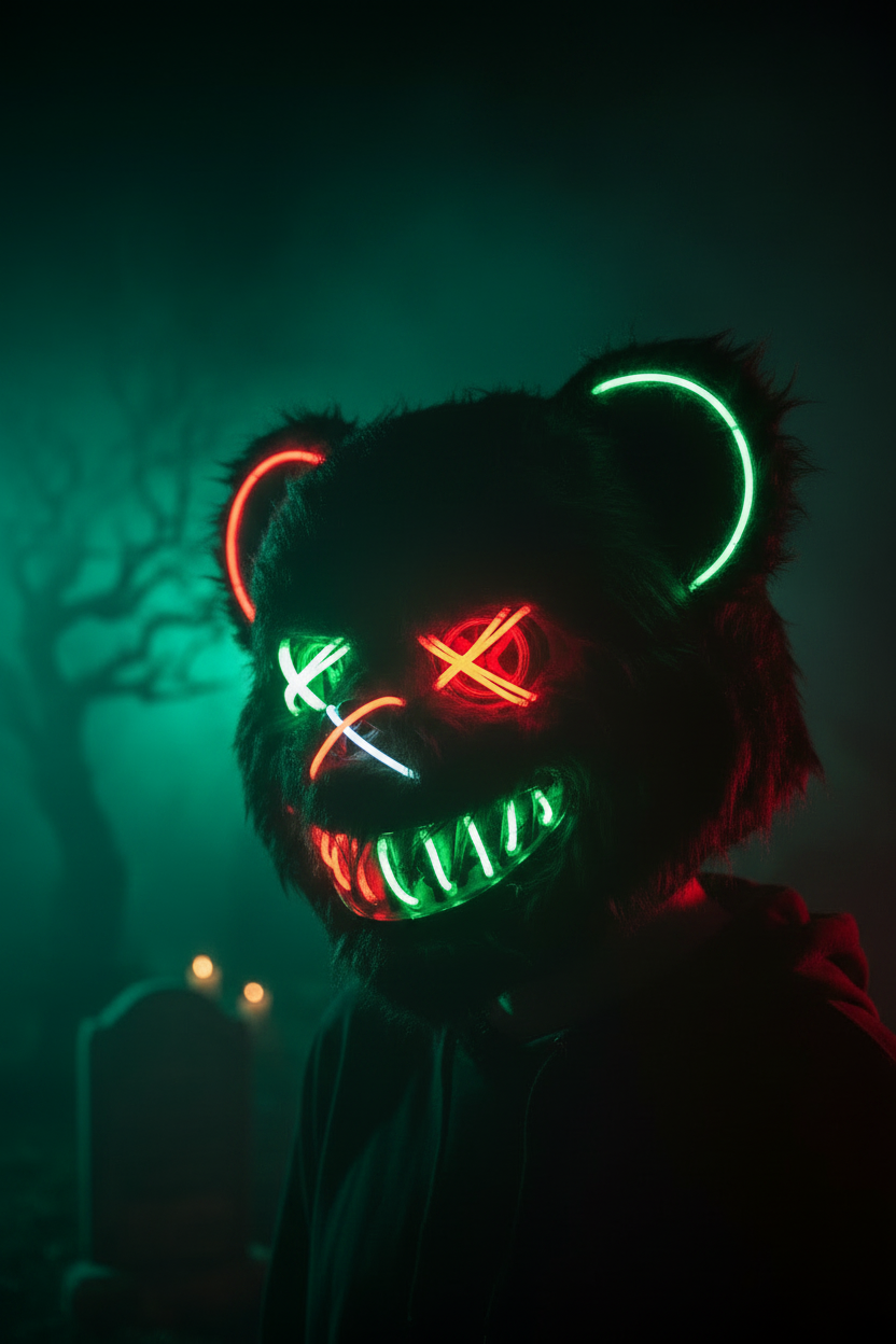 HauntMask – Neon Bear LED Mask Green & Red – Image 2