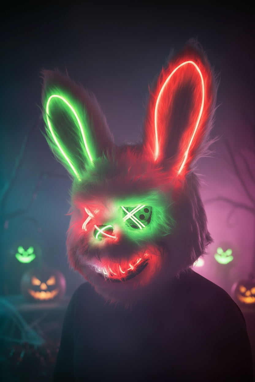 HauntMask – Neon Rabbit LED Mask Green & Red – Composition référence