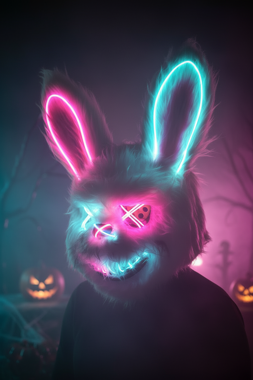 HauntMask – Neon Rabbit LED Mask Pink & Cyan – Image 2